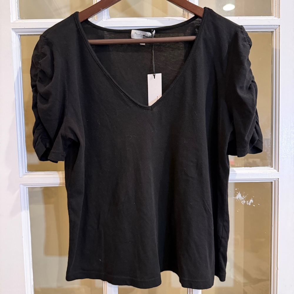 Michael Stars Womens  Josie Ruched Sleeve T-Shirt Black Size Large NWT